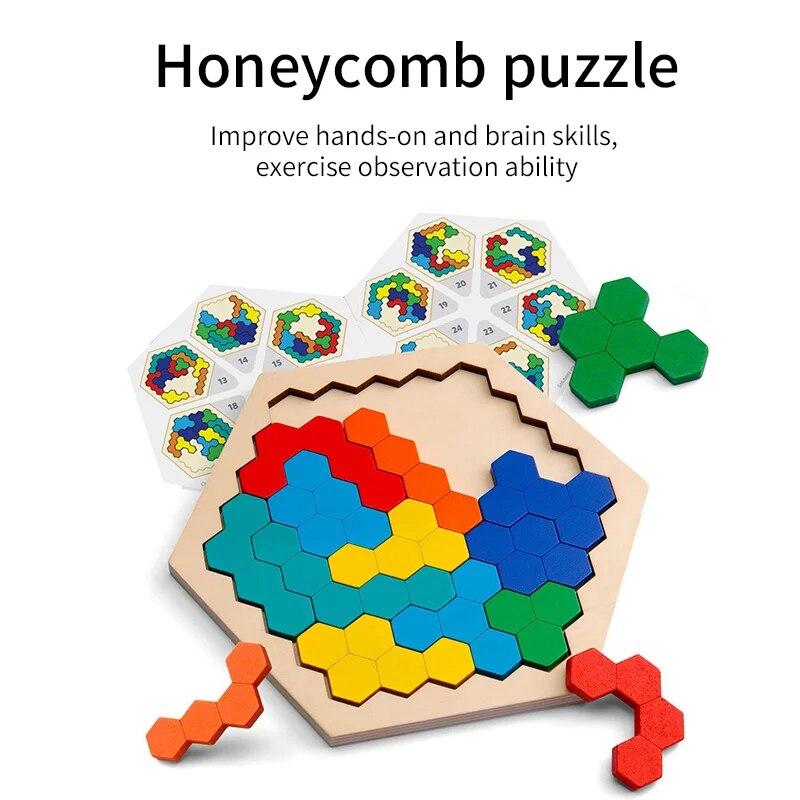 3D Hexagonal Wooden Puzzles Educational Toys For Children Kids Preschool Tangram Board Brain Test Game Montessori Toys Gifts