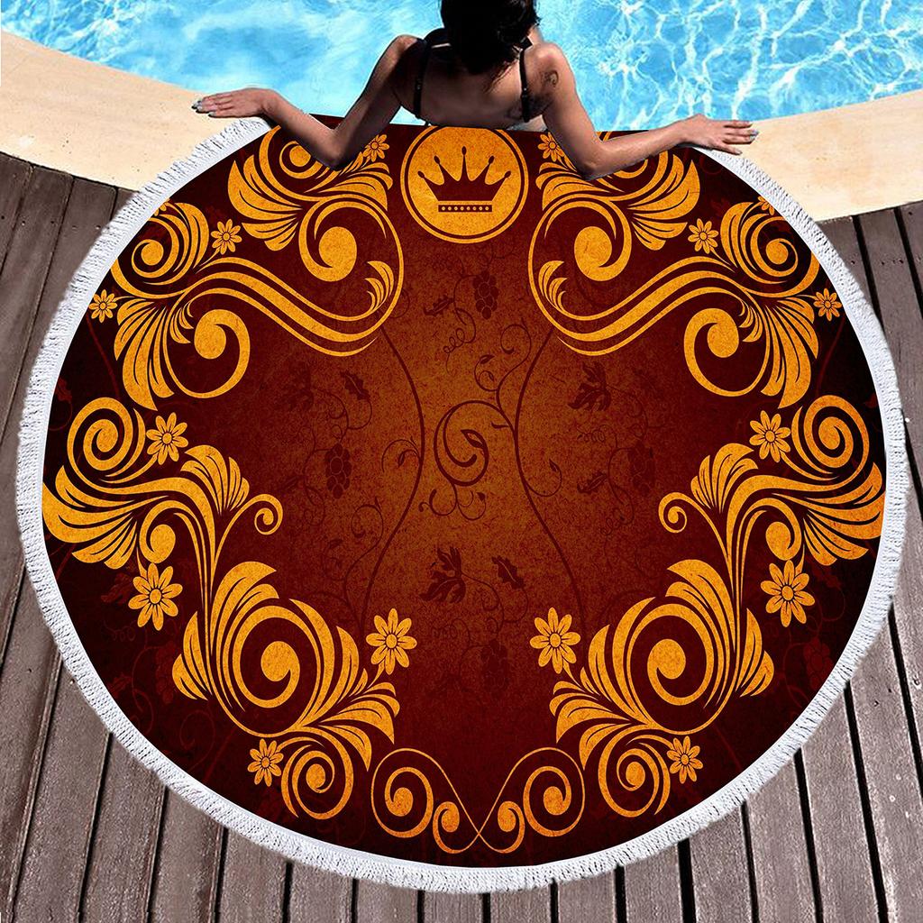 Vintage Gold Printed Round Beach Blanket,Polyester Sand Resistant Shawl Beach Towel,Absorbent Quick Dry Pool Towel Picnic Mat