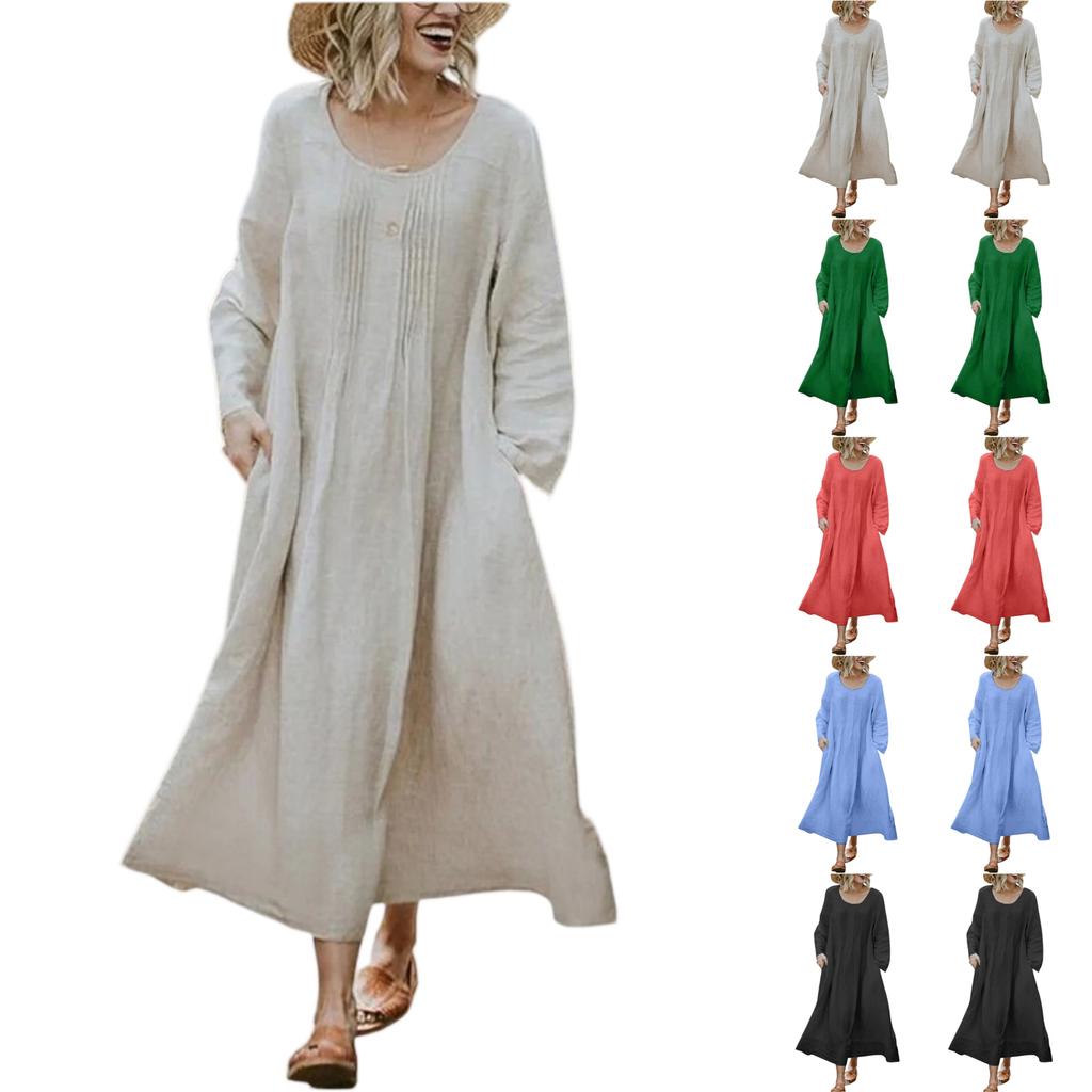 Women's Ound-neck Pleated Skirt With Pockets, Long-sleeved Cotton And Linen Dress