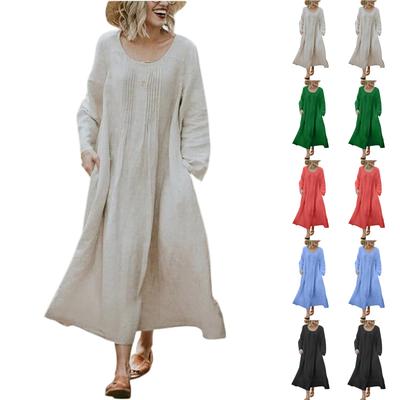Women's Ound-neck Pleated Skirt With Pockets, Long-sleeved Cotton And Linen Dress