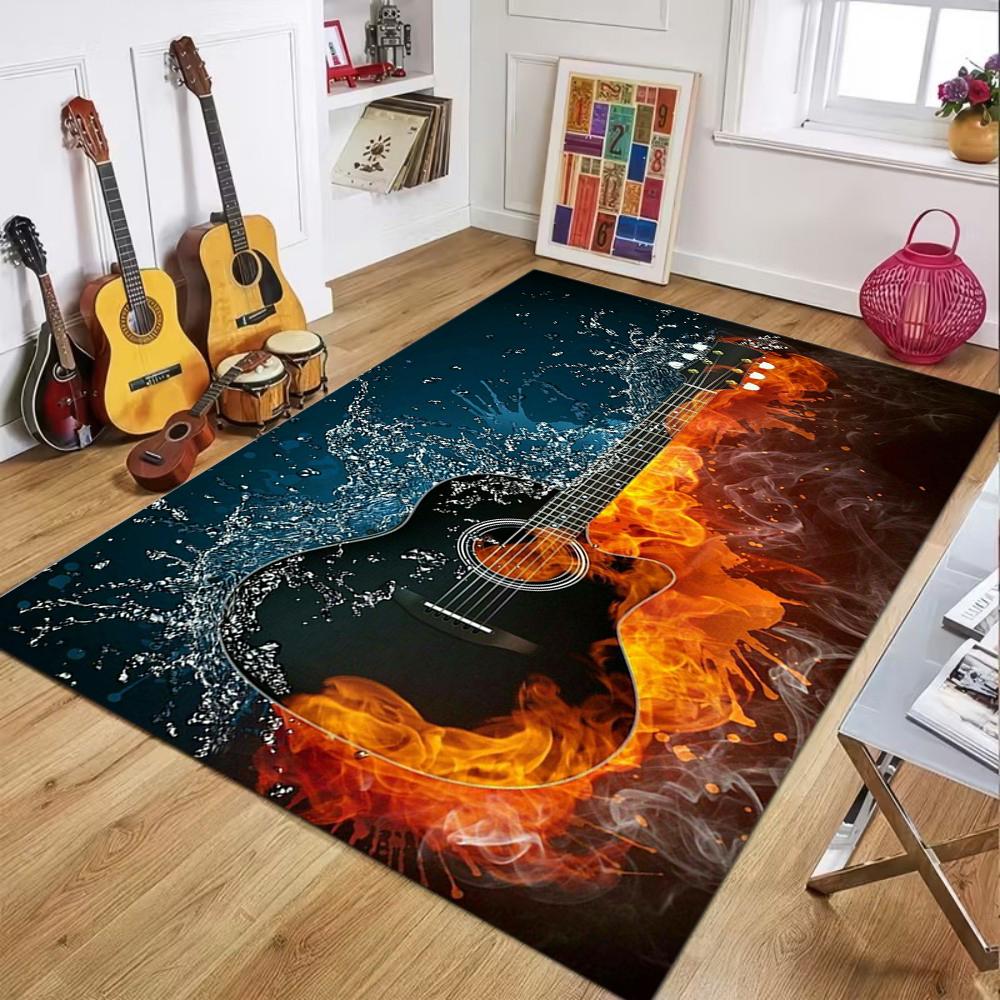 Vintage Guitar Area Rug Music Theme Home Decor Carpet Ethnic Floral Hidden Print Soft Non-slip Floor Mat for Living Room Bedroom