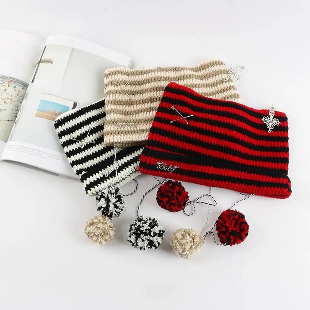 Y2K Beanie Hat Women Ins Devil Ear Striped Knitted Wool Cap Autumn Winter Hip-hop Crochet Cute Cat Ears Pointed Pullover Hats