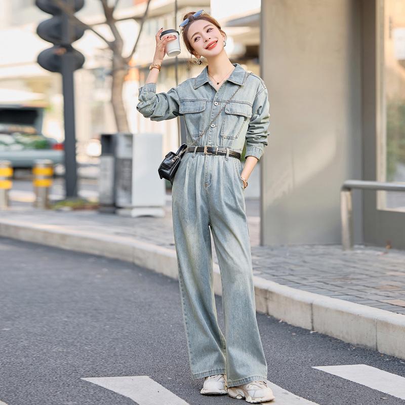 

Women s Spring 2025 High Waist Denim Jumpsuit with Belt - YQ3318 L 115-125 jin