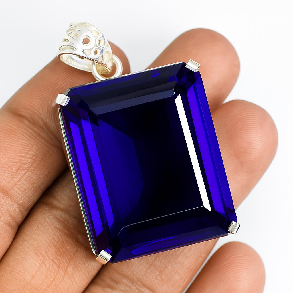 

Emerald Blue Tanzanite Pendant 170 Ct Lab Created Certified 925 Sterling Silver AI-47-NS 31 mm approx.