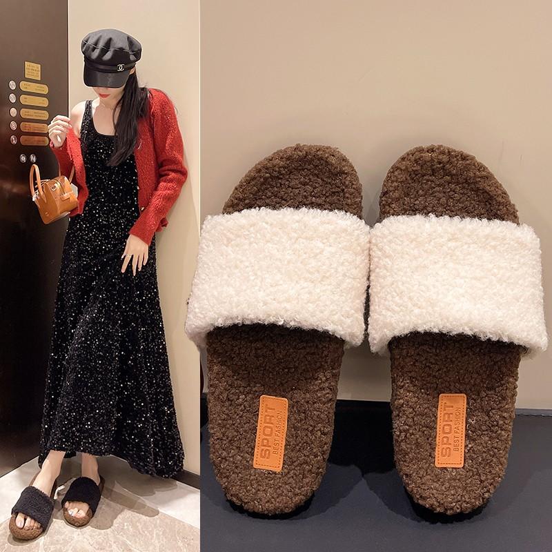 Fashion Flock Flat Shoes Female Plush Slippers for Adults Med Slipers Women Luxury Slides Platform Fur Soft Designer Shoes for Women
