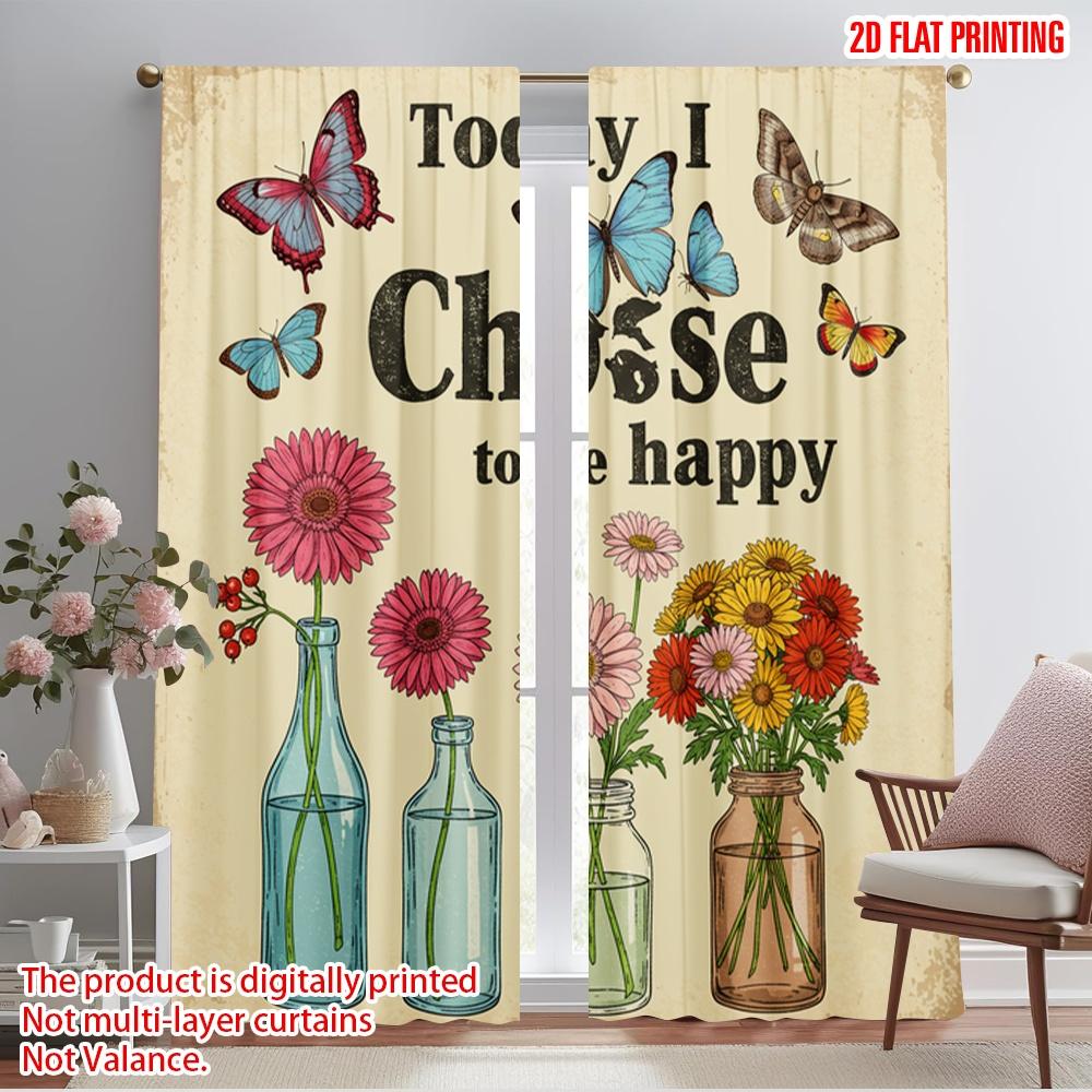 

2pcs 2D flat printing Window Curtains Today I Choose Happy Butterflies Flowers Polyester Without Electricity Party Decorations 52.50×116.00 CM 2pcs