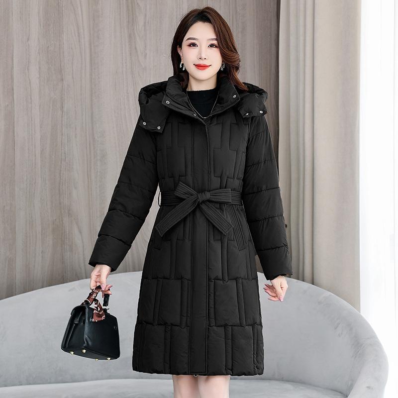 Down cotton jacket women's 2025 winter new Korean cotton jacket waist-cinched mid-length thickened slimming hooded jacket