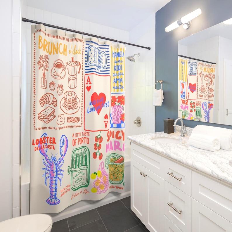 Hand Drawn Doodle Brunch Shower Curtain With Coffee Pastry Lobster Pattern, Unique Bathroom Decor For Housewarming Gift