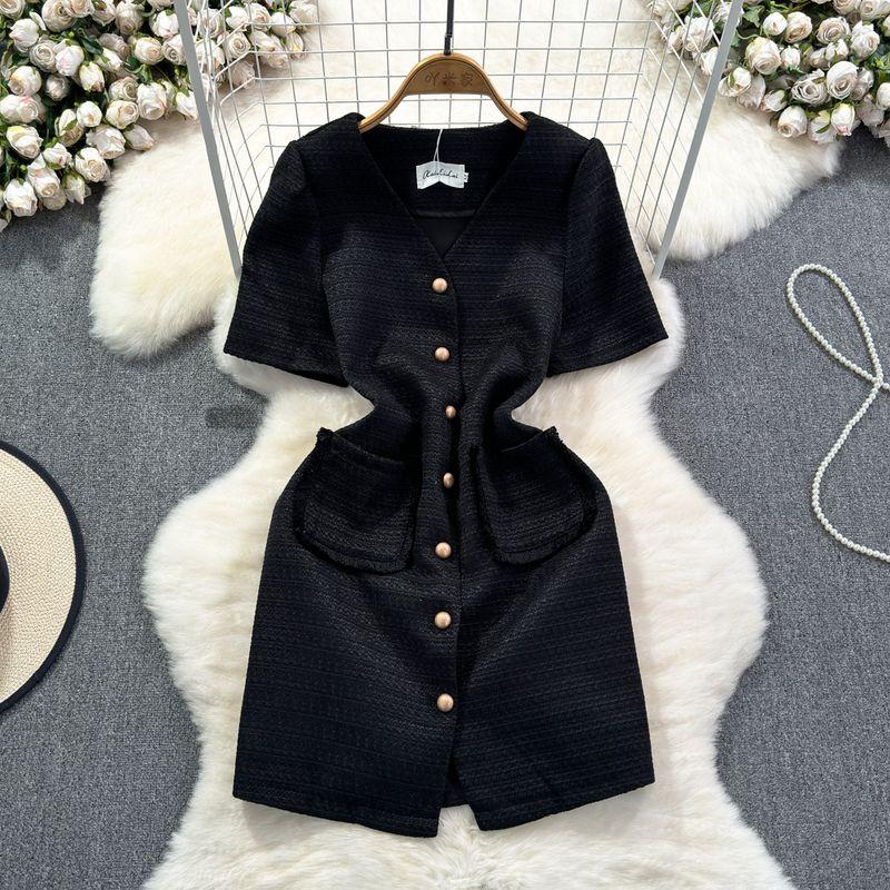 

Classic Style French Style V-neck Dress Fancy Fried Street Summer Elegant Socialite Slimming Unique Niche Style Skirt for Women Black M