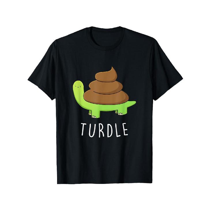 Funny Turtle Poop Pun T-Shirt - Turdle Turtle Wordplay Design, Black Cotton Crew Neck Tee with Brown & Green Poo, Slight Stretch Casual Shirt for s, S чёрный