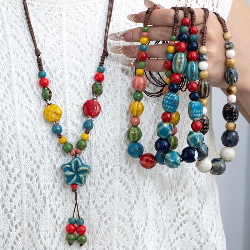 Jingdezhen Ceramic Non-Fading Necklace Ethnic Style Sweater Chain Antique Woven Rope Long Neck Chain