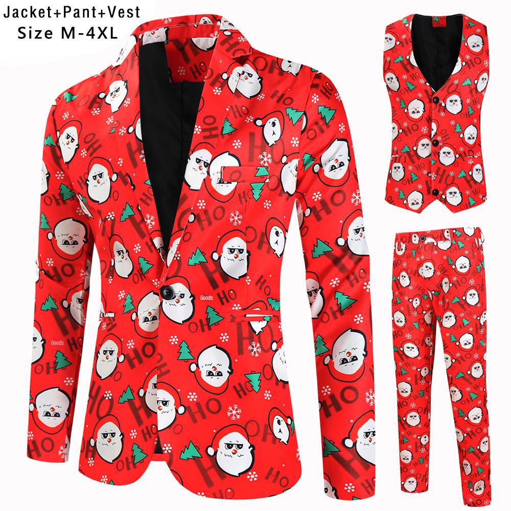 Men's 2022 Christmas One-Button Print Suit: Large Size Three-Piece for New Year