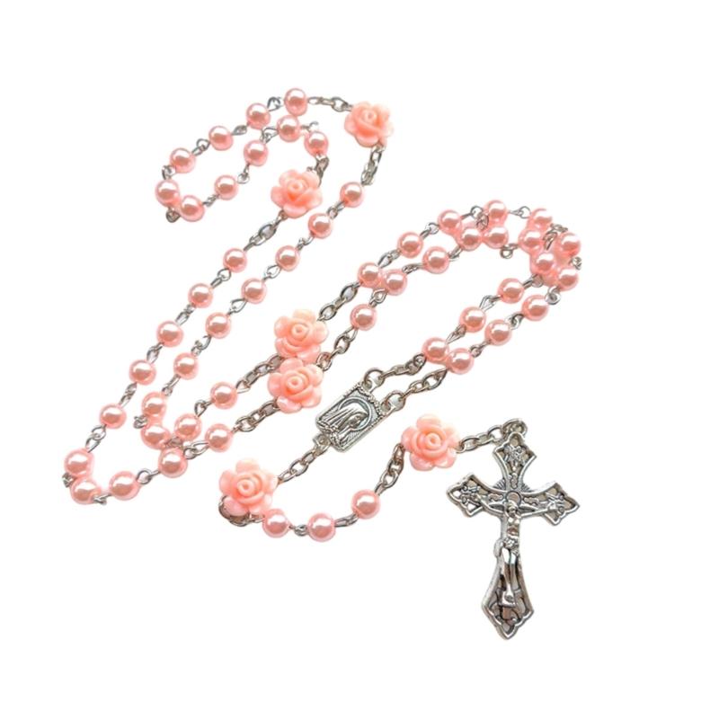 Elegant Rosary Beads Necklace With Glass Pearls and Crucifix Pendant for Prayer and Fashion
