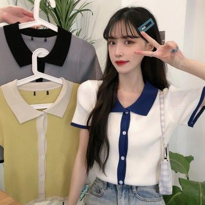 Summer Korean Version POLO Collar Slim Fit Contrasting Short Sleeved Knitted T-shirt Women's Versatile Short Top