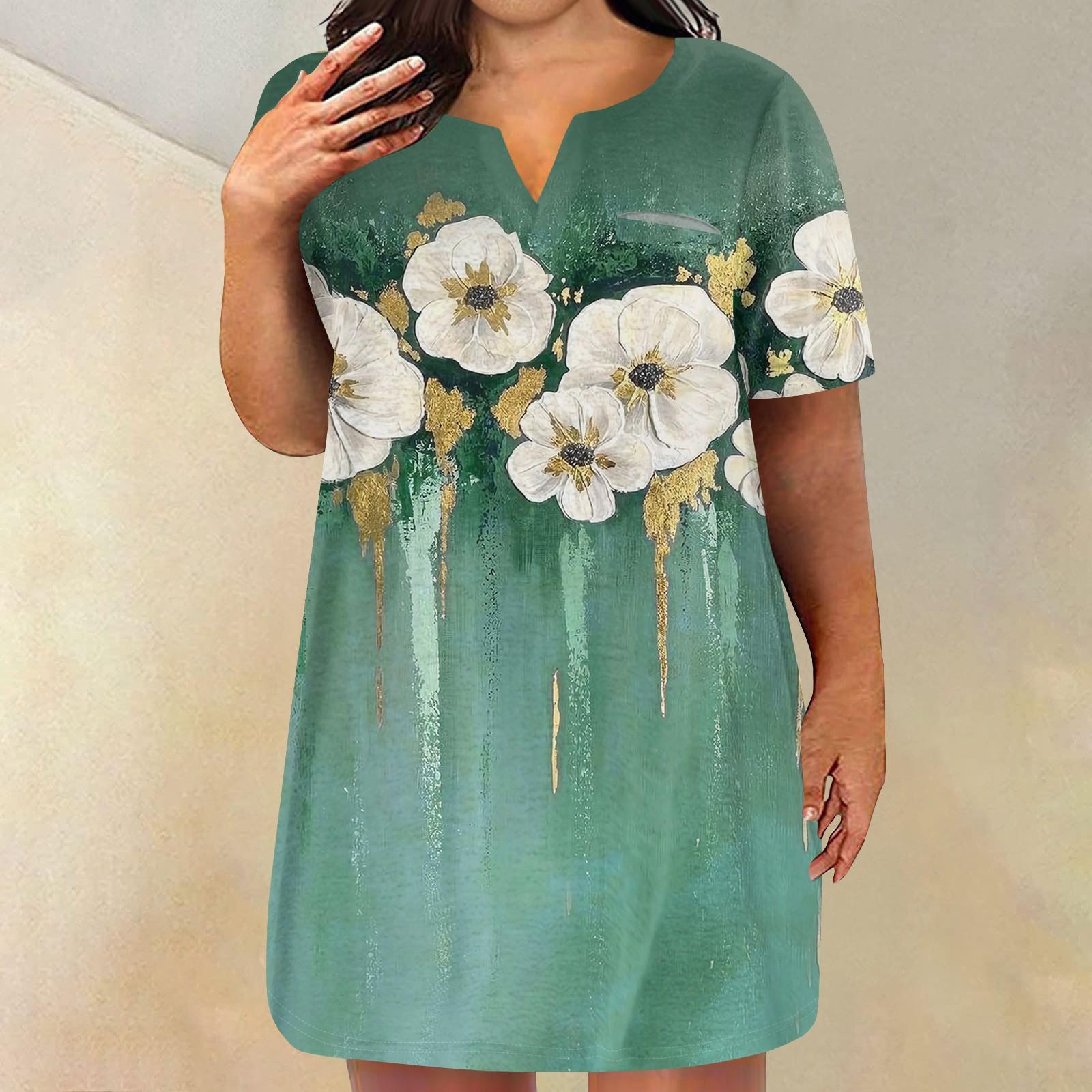 

Женские платья больших размеров с V-образным вырезом и коротким рукавом, летнее повседневное однотонное платье-туника с карманом XXXXXL зелёный