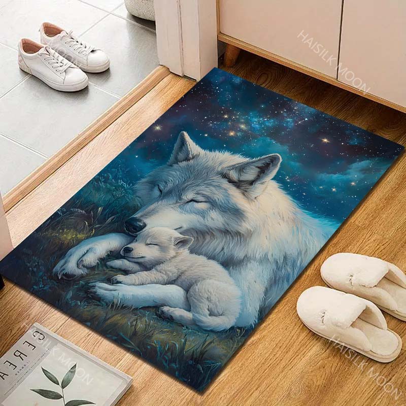 1PC mother wolf pup sleeping under stars Carpet for Living Room Bedroom Sofa Home Decor Rus Non-slip Floor Mat Luxury Gift
