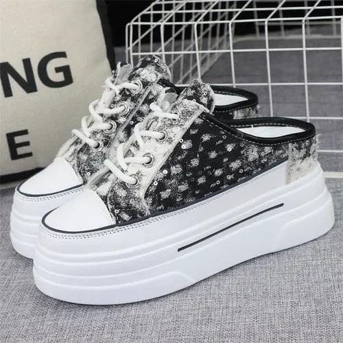 Mote Canvas Baotou Halvtøfler Dame Nye Sommer Yttertøy Alt-match Tykk Såle Innvendig Høydeøkning 8cm Uten Hæl Slip-on Sko