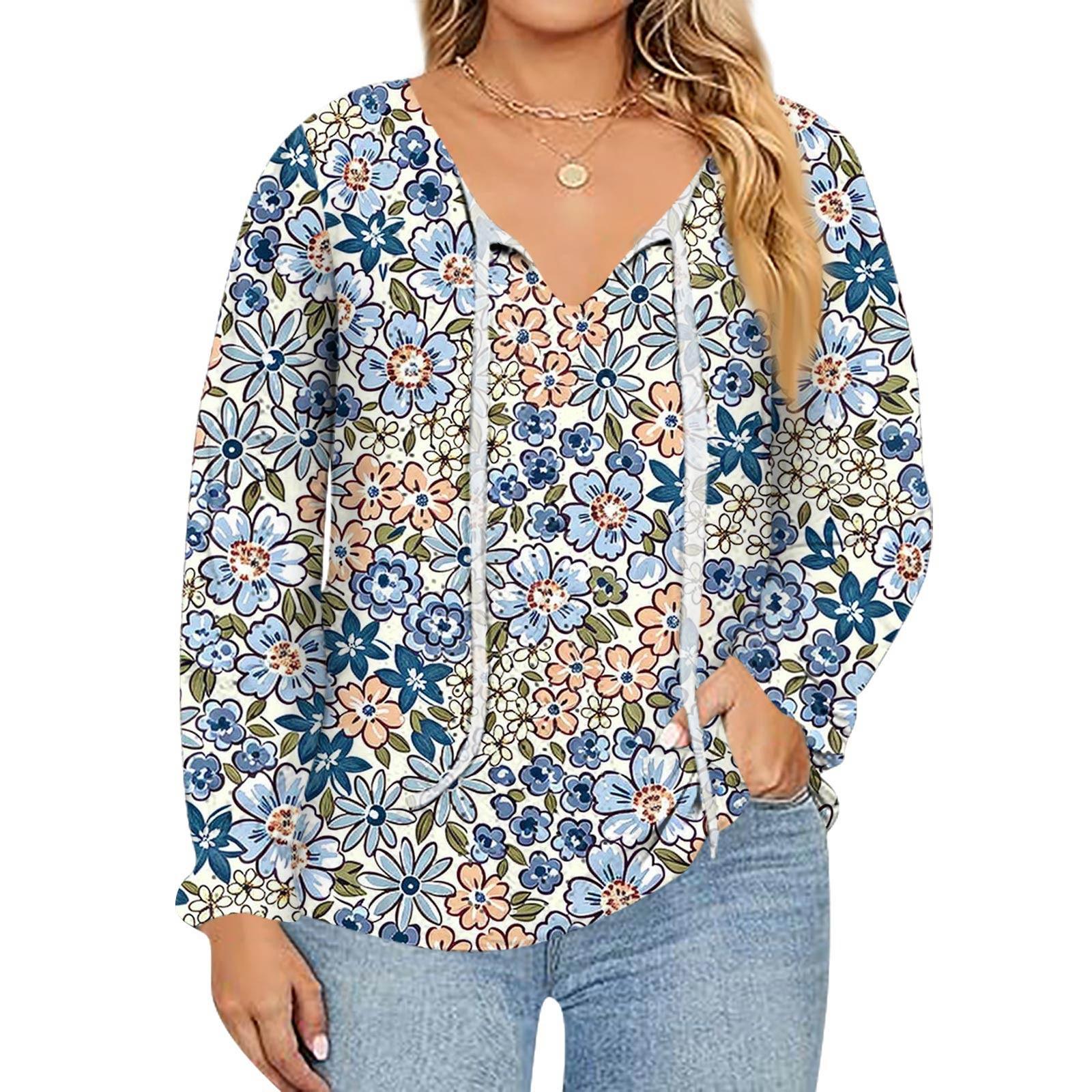 

Женский модный топ с принтом, повседневный, с V-образным вырезом и длинным рукавом XL синий