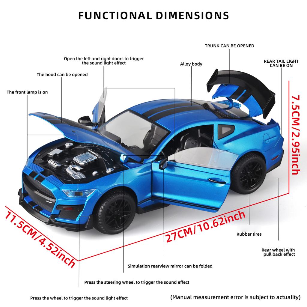 Large 1/18 Ford Mustang GT500 Miniatures Alloy Diecast Metal Vehicle Model Collectibles Sound Light Toys Car Gifts for Kids Boys