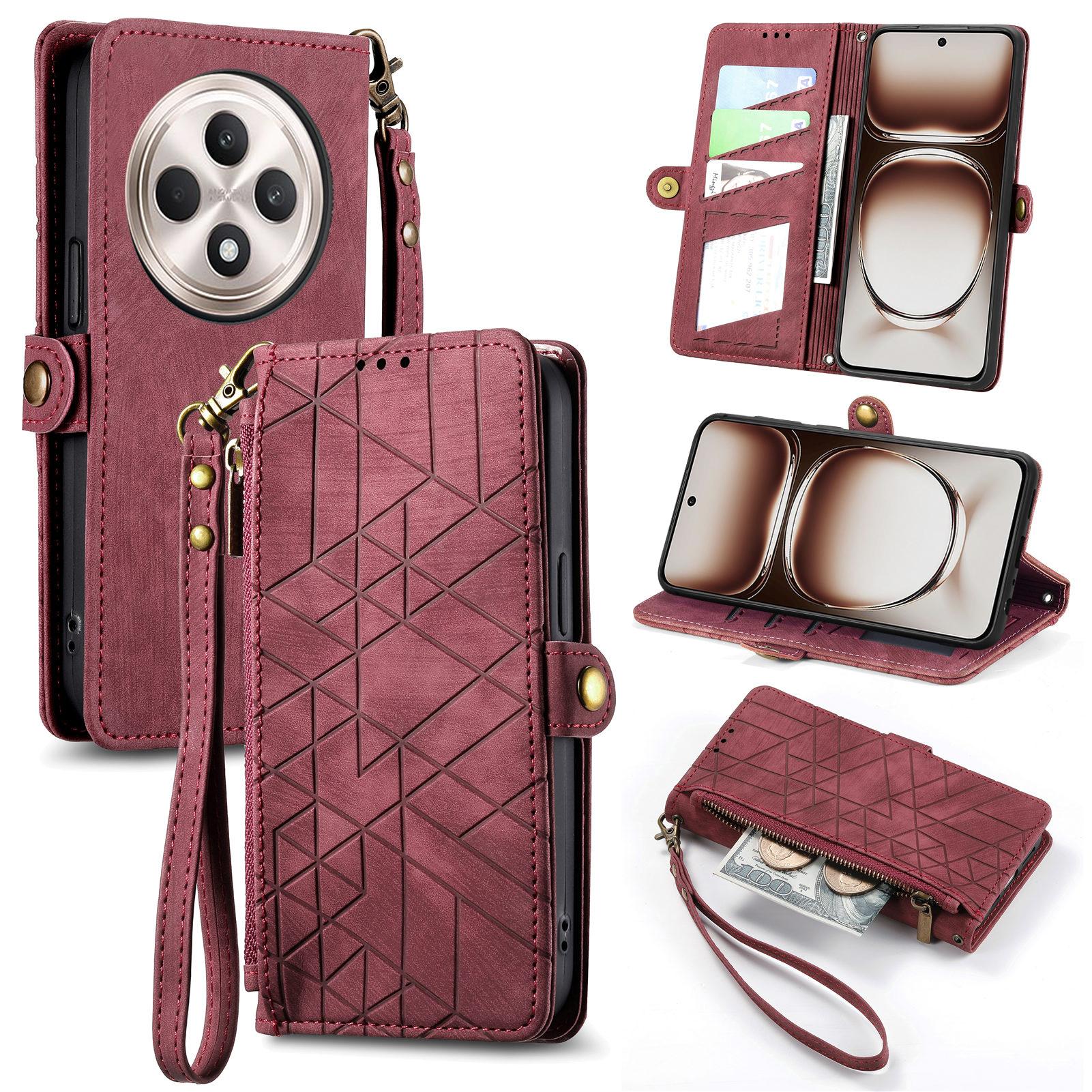 

For Oppo Reno12 F 5G Zipper Wallet Case Geometry Lines Leather Phone Cover with Strap Red