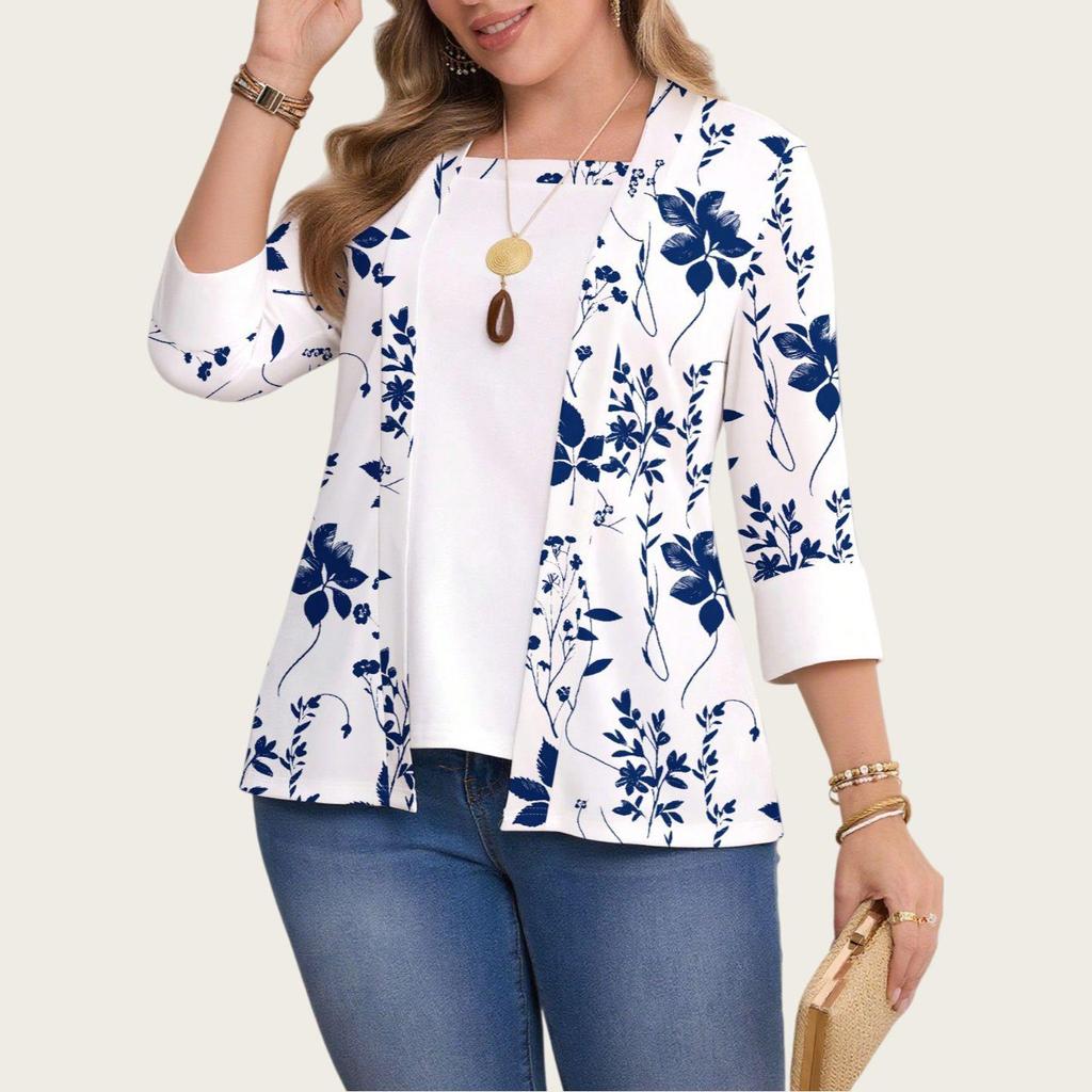 2025 Plus Size Floral Print Casual Two-Piece Seven-Sleeve Top for Women