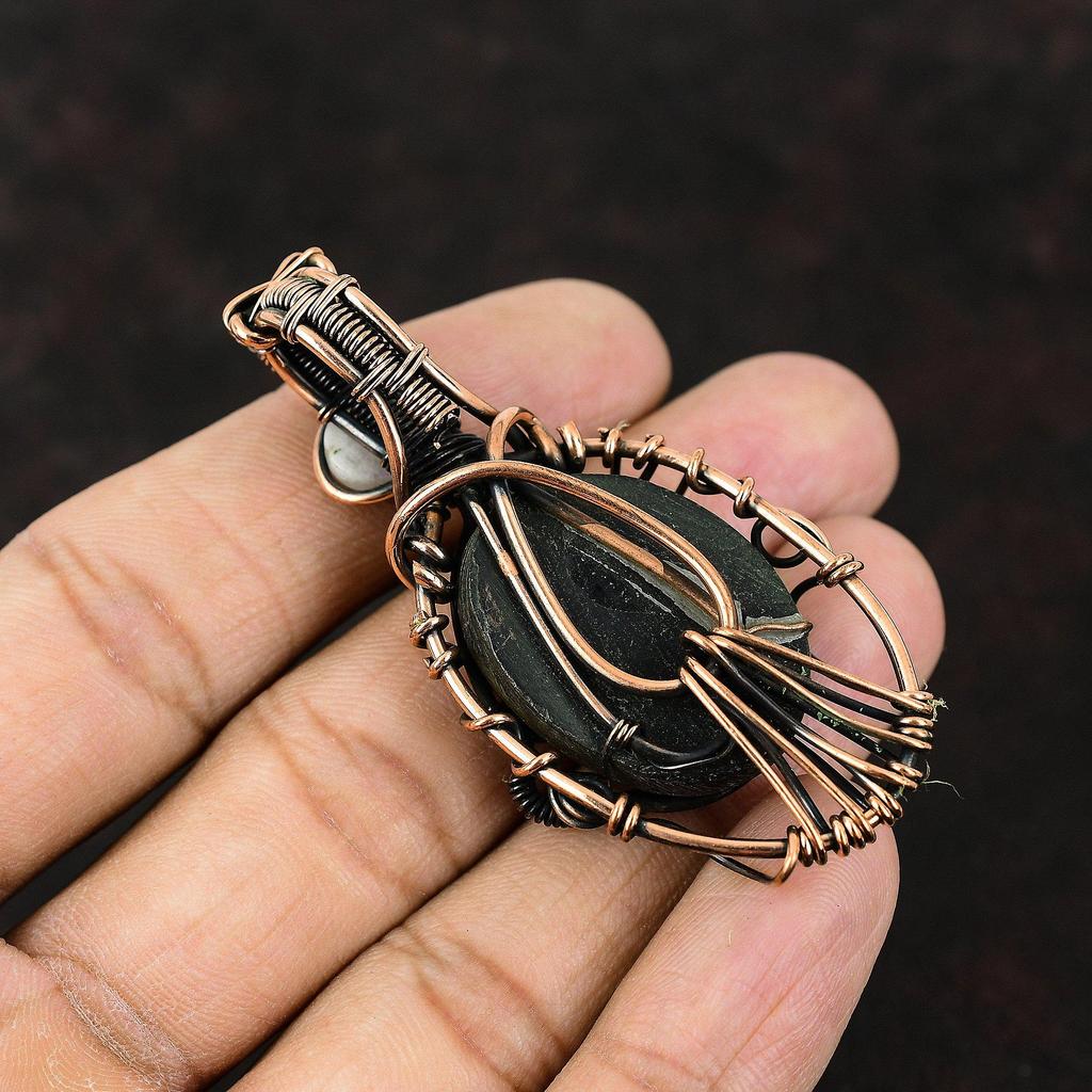 Evil Eye Abalone Shell Copper Wire Wrapped Pendant Rainbow Moonstone Gemstone Copper Jewelry Handmade Pendant Gift For Him Evil Eye Jewelry