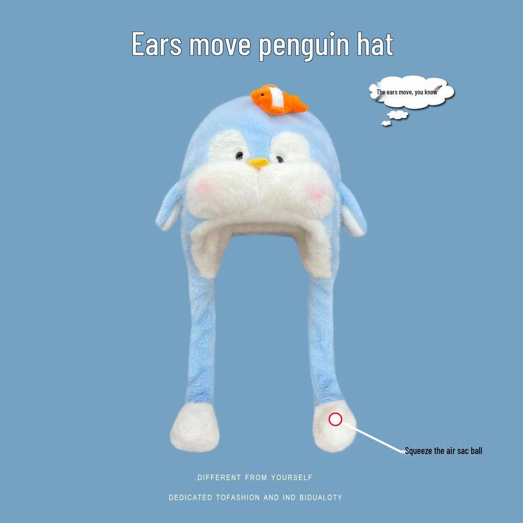Blue-Gray Penguin Ear Moving Earmuffs, Faux Fur, Windproof, Cold-Proof, Cute Winter Hat for Kids.