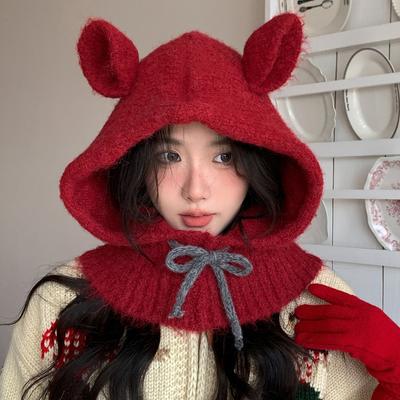 Korean Cute Ear Balaclava Winter Warm Ear Protection Woolen Hat Knitted Scarf Integrated Hood