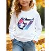 Unisex Kids Black Long Sleeve Tee For 4-12 Boys Girls 3D Metallic Faceted Crystal Number 67 Neon Pink SIX Blue SEVEN Embossed Text  Long Sleeve Top