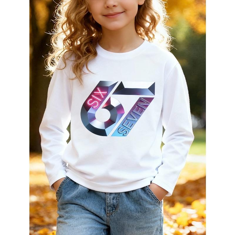 Unisex Kids Black Long Sleeve Tee For 4-12 Boys Girls 3D Metallic Faceted Crystal Number 67 Neon Pink SIX Blue SEVEN Embossed Text Long Sleeve Top