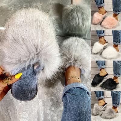 Women Summer Furry Slippers Fluffy Home Shoes  Women Ladies Flops With Female Fur Sandals