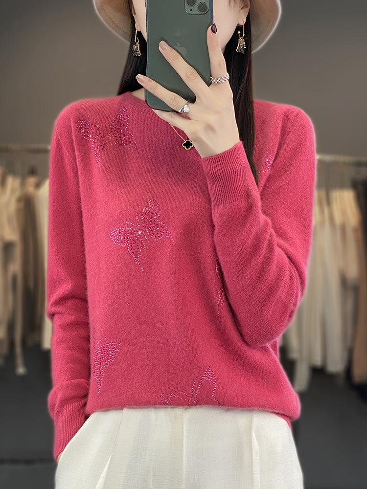 Butterfly Rhinestone Crew Neck Casual Spring Sweater for Women