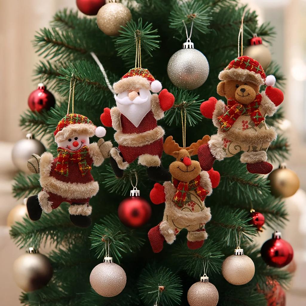 4/8pcs Festive Christmas Tree Ornaments -Santa,Snowman,Reindeer & Bear Figures with Red & White Scarves,Golden Balls & Red Bows