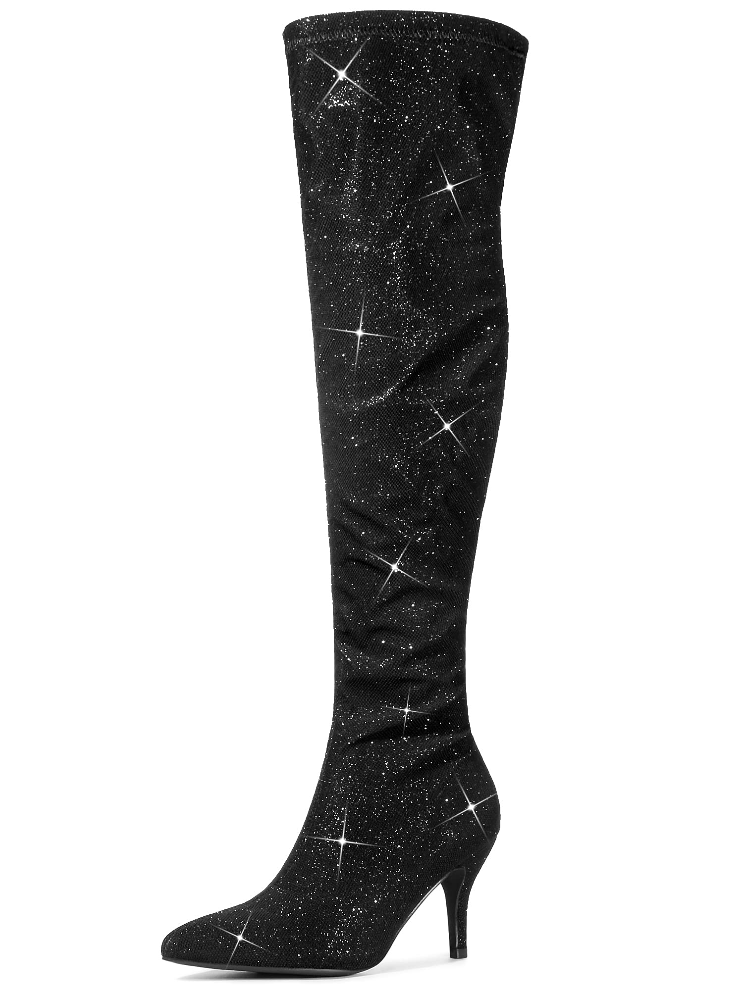 

Allegra K Glitter Knee-High Boots, Pointed Toe, Stiletto Heel, Women s, Black, Size 25.5cm