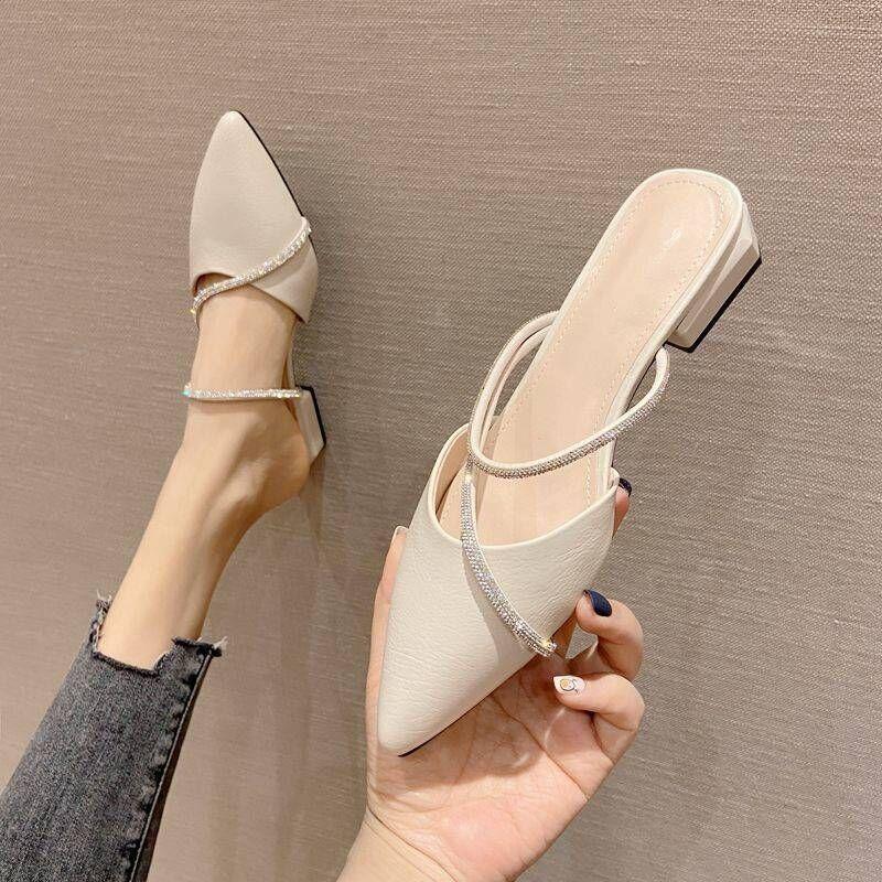 2025 new pointed metal fashion sandals Internet celebrity personality versatile out of the street Muller shoes women's rhinestone slippers