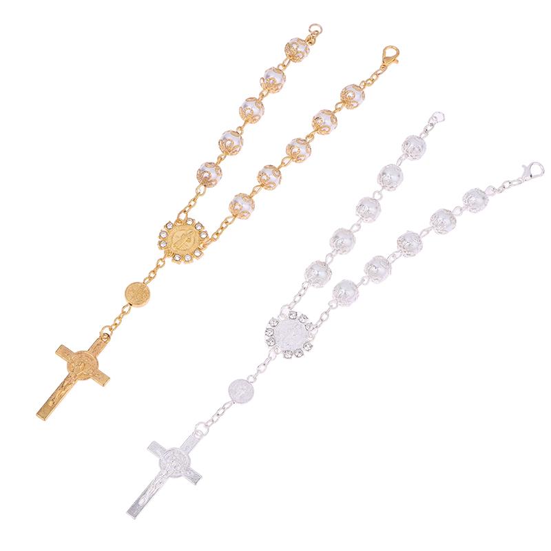 Car Pendant Bling Retro Imitation Pearl Metal Jesus Cross Car Rear View Mirror Hanging Ornament Cross Hanging Decoration