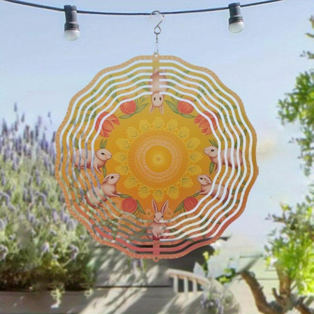 Metal Wind Spinner with Rabbit and Floral Design 360 Rotating Outdoor Decor for Garden Patio Balcony Vibrant Colors No Battery Needed