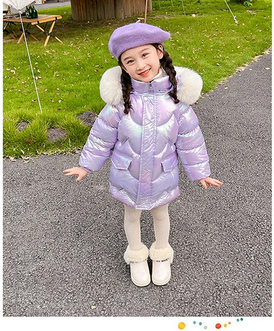 Girls' Mid-Length Bright Down Jacket - Wash-Free, Warm, Thickened for Winter