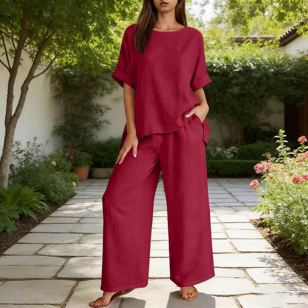 Women's Color Two Piece Set with Three-Quarter Sleeve Top and Long Pants Cotton Linen Casual Outfit