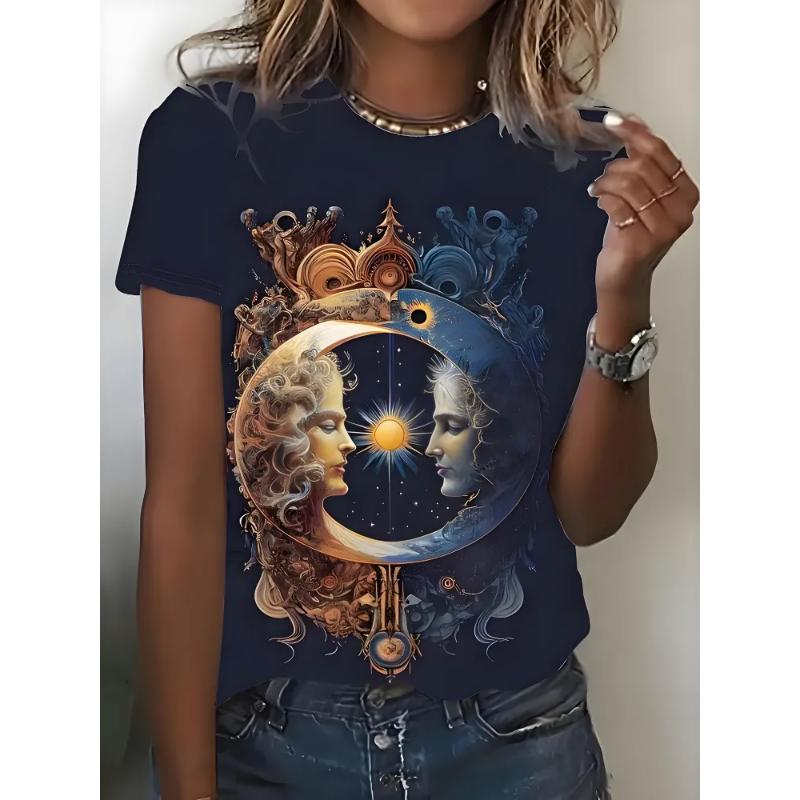 Fashion Women's Crew Neck Short Sleeve 3D Casual Color Printing Casual Short Sleeve Crew Neck T-Shirt
