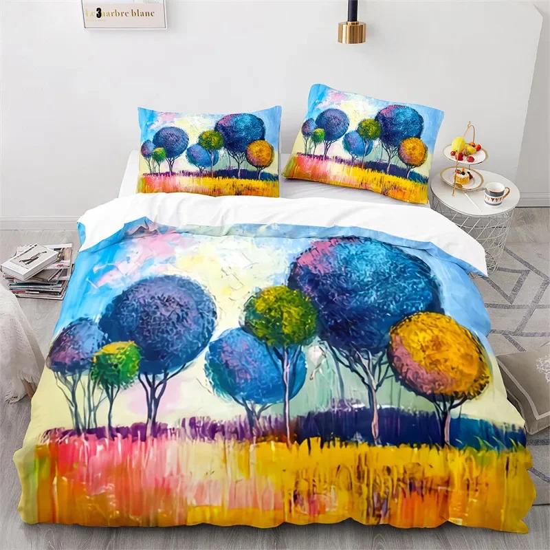 Oil Painting Duvet Cover Twin King Abstract Art Print Bedding Set Microfiber Landscape Tree Comforter Cover For Kids Teen Room