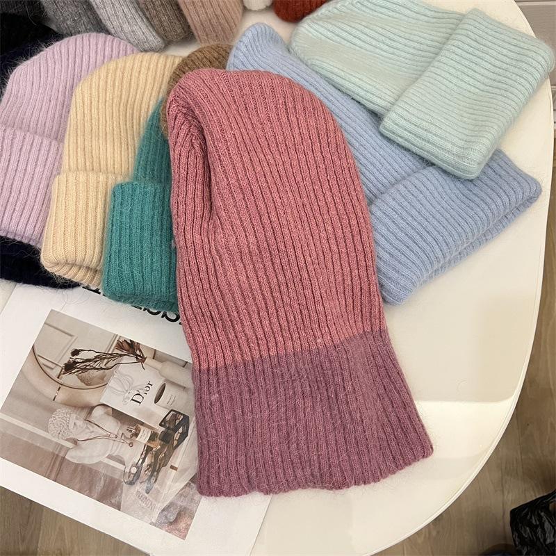 Angora Rabbit Hair Curled Brimless Wool Hat Women Autumn and Winter Warm Striped Fashion Knitted Pullover Cold Hat