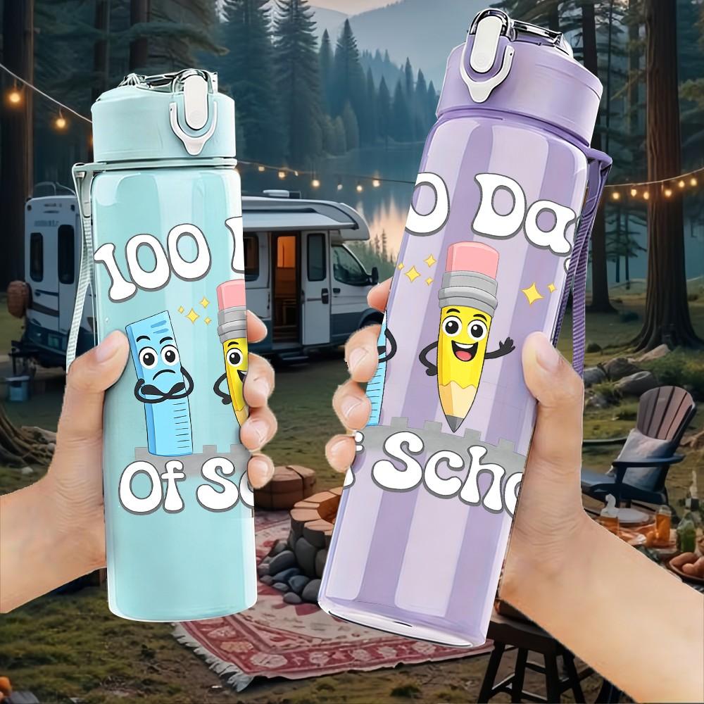1PC One Hundred Days Of School Art 750ml Color Plastic Sports Water Bottle Leakproof Flip Straw Lid Suitable for Sports Office Home Use