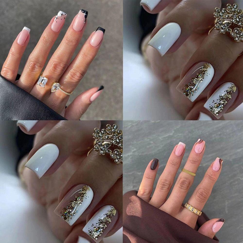 24pcs Detachable Fake Nials Gold Gitter Press on Nails Star Wavy French False Nails Short Square