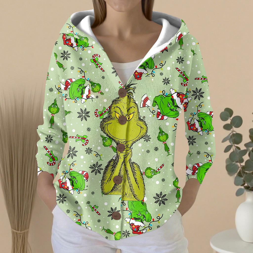 Women's Fashion Casual Sweater Button-Up Print Cardigan  Hooded Jacket