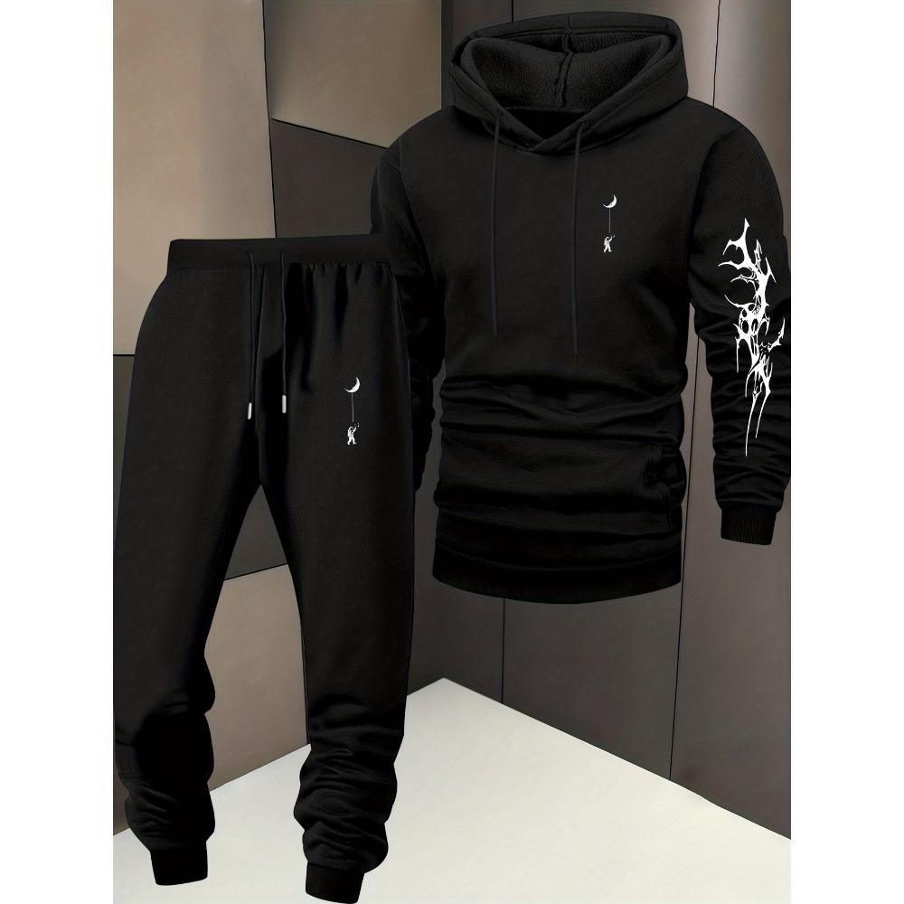 

Moon and Tree Shadow Print Sports Set, Loose Hooded Sweatshirt and Jogging Shirt, with Elastic Drawstring, Comfortable Winter Sports Set S