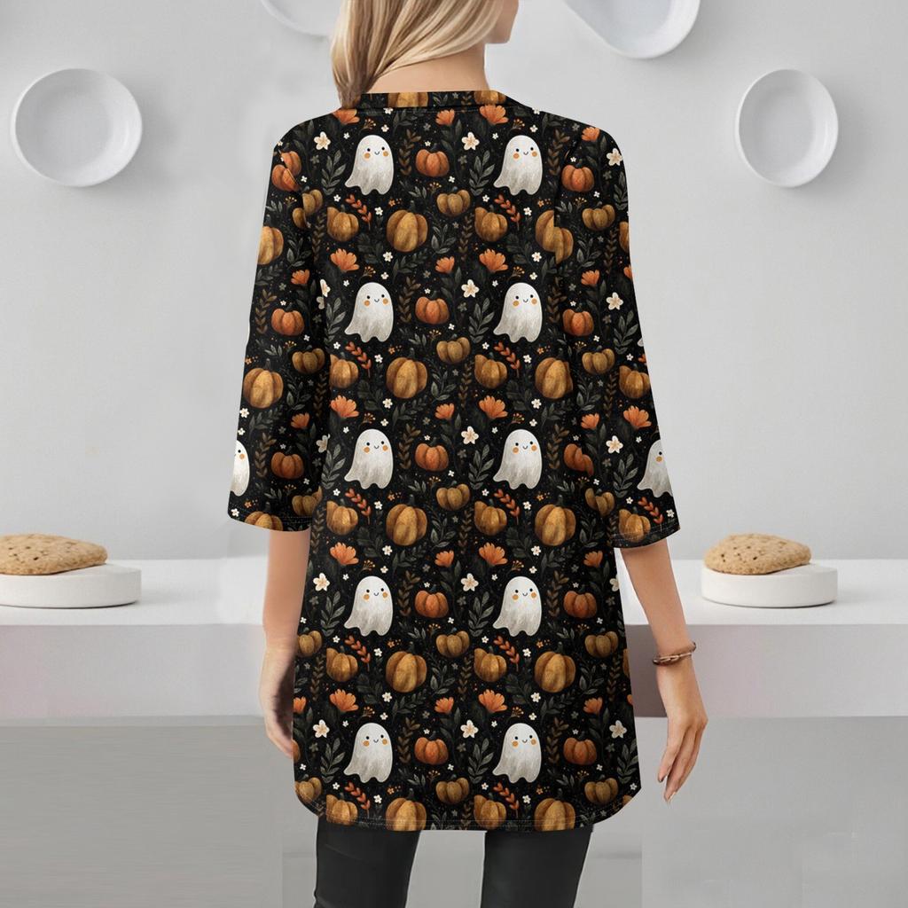 Womens's Fashion Casual Halloween Print V-neck Mid Length Pocket 3/4 Sleeve Top
