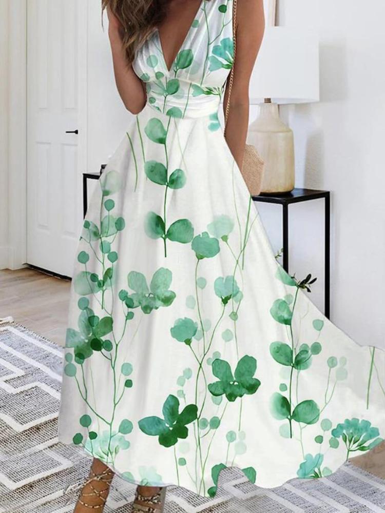 

Летнее платье-майка с V-образным вырезом, высокой талией, без рукавов, с принтом, сексуальное, с подкладкой 3XL зелёный