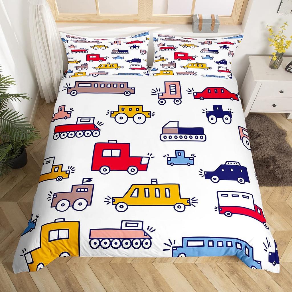Lenjerie de pat galbenă cu taxi, rege/regină, pentru băieți, desene animate, transport, set de pat roz cu peisaj urban, husă de pilotă din poliester, husă de plapumă