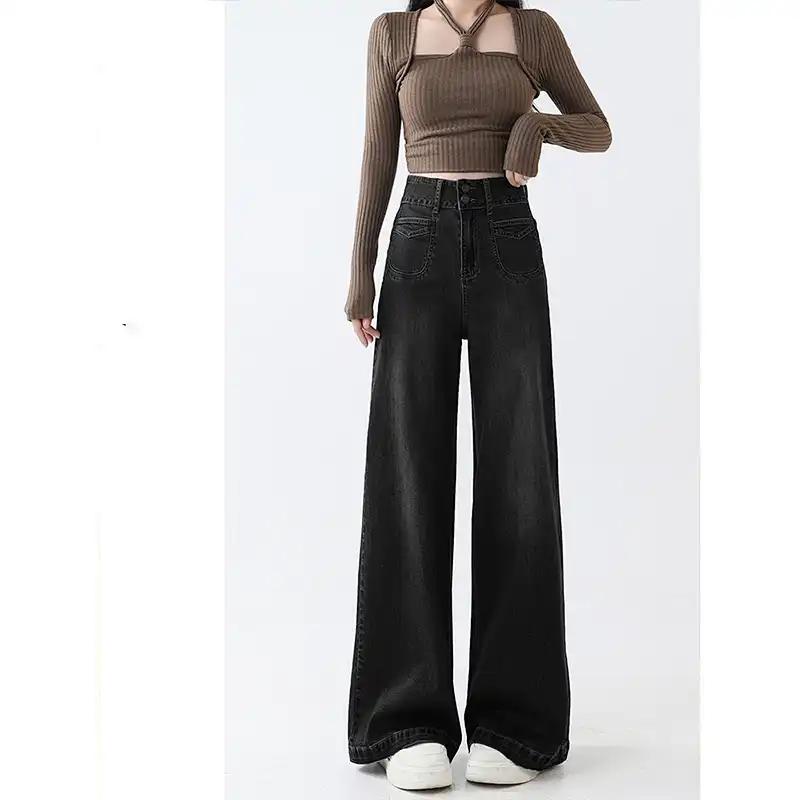 Womens Vintage Washed High Waist Loose Wide Leg Long Denim Jeans
